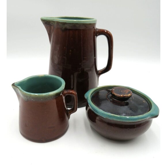 Country Fare Stoneware Set Brown Teal Ceramic Pitcher Creamer Lidded Sugar Bowl - Picture 2 of 11